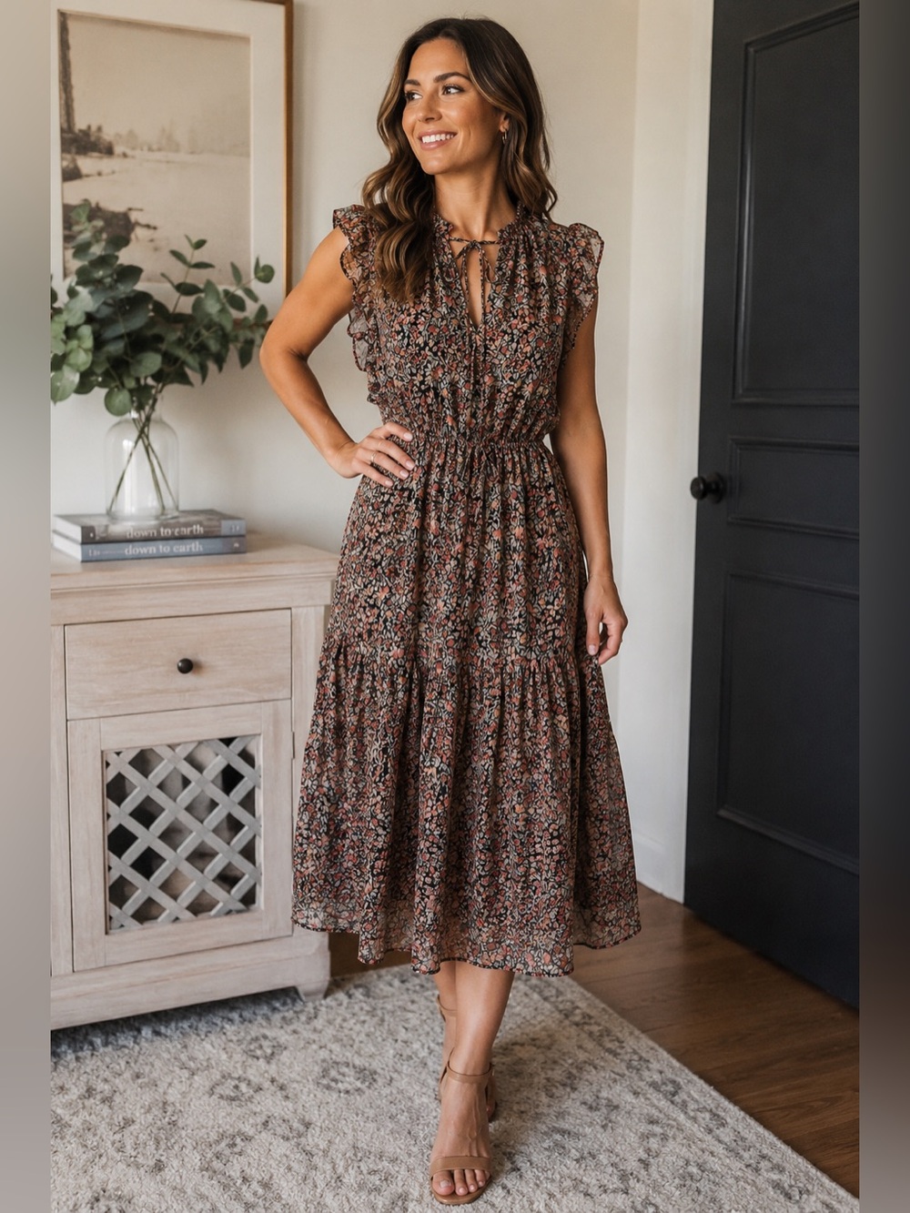 BB Dakota by Steve Madden Floral Ruffle Midi Dress Size Small